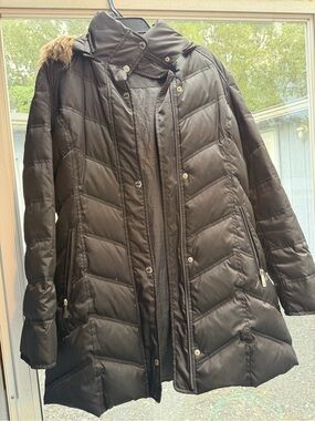 Kenneth Cole Black Quilted Long Puffer Coat with Hood